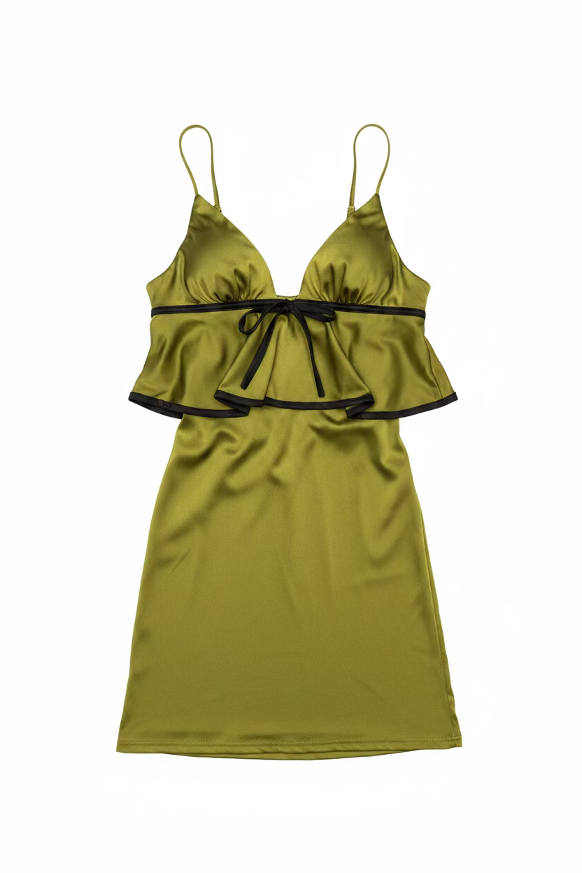 Mini abito Verde Oliva- Peplum - Fiocco nero elegante