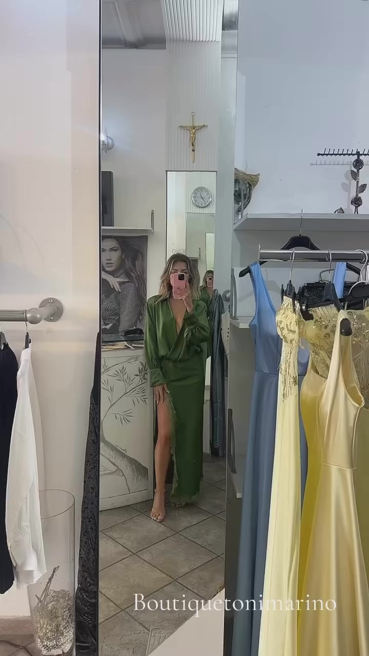 Abito Verde Bosco Lungo Satin- Portafoglio con spacco